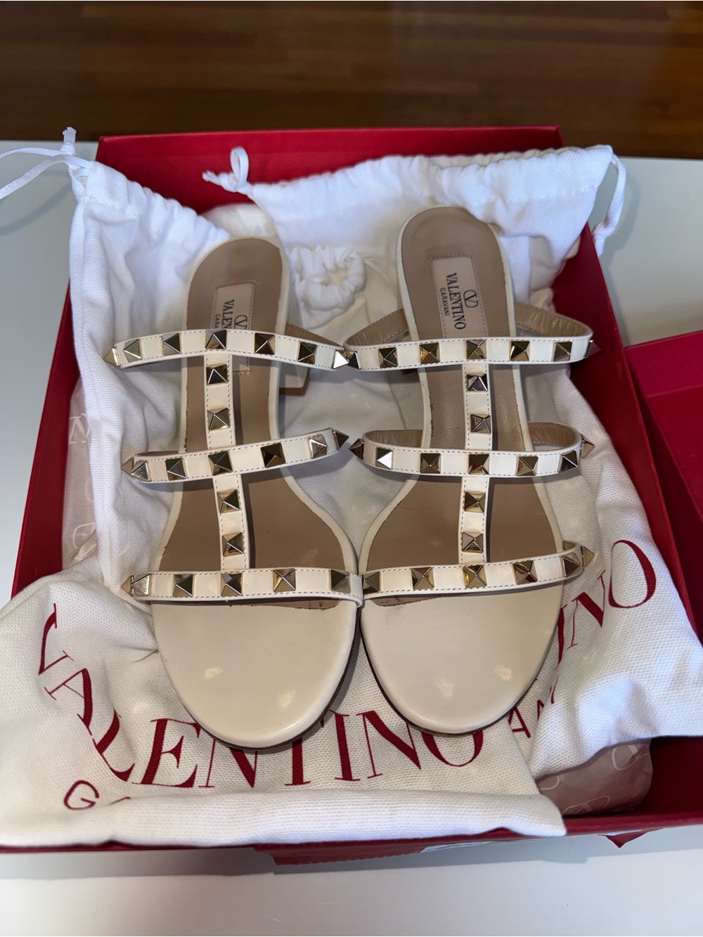 Valentino Garavani Ivory Leather Rockstud Triple-Strap Sandals